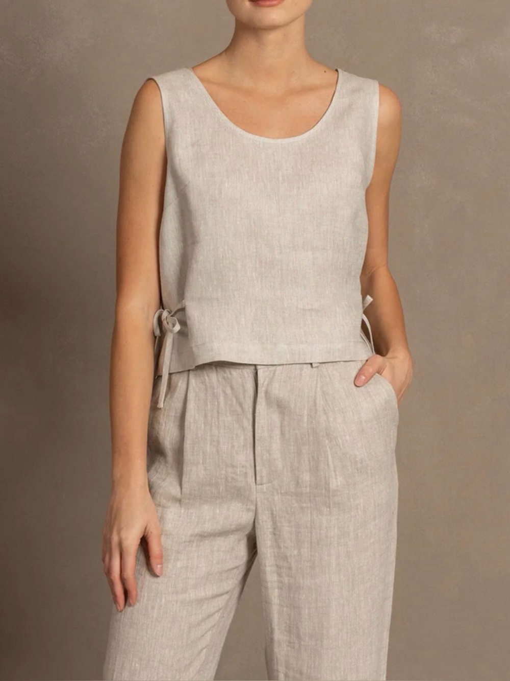 Menique Linen Crop Top XS Side Tie Natural Beige Sleeveless Lagenlook Minimalist